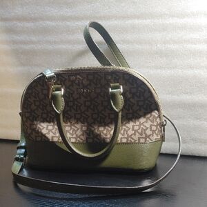 DKNY Olive & Brown Signature Dome Satchel with Detachable Strap